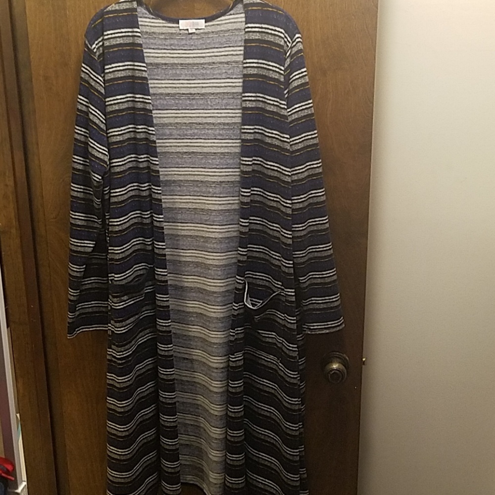 XL Sarah knit duster navy gray white orange stripe